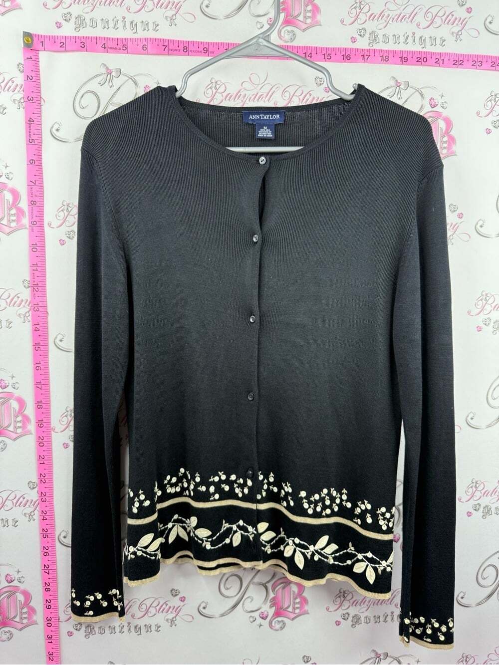 Ann Taylor cardigan flower floral buttons Black Cardigan with Cream Floral Hem